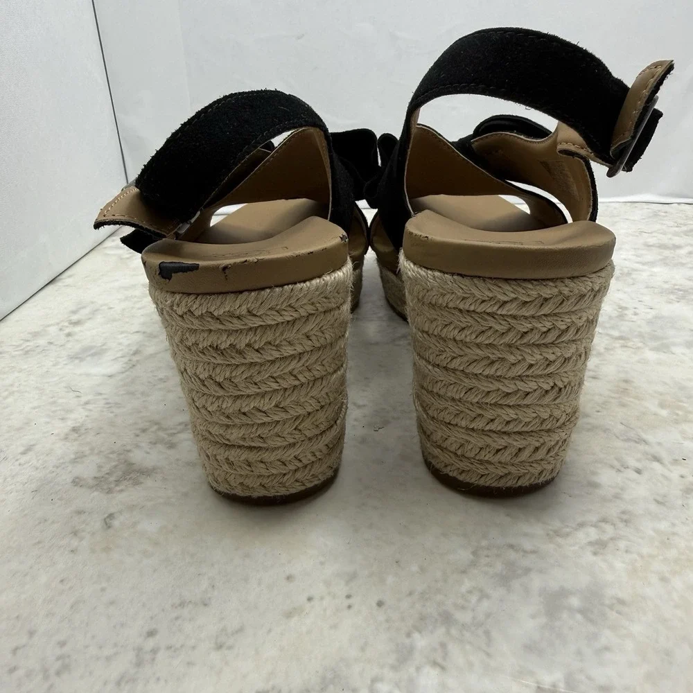 UGG Camilla Women's Size 7 Black Suede Bow Espadrille Wedge Sandals Slingback